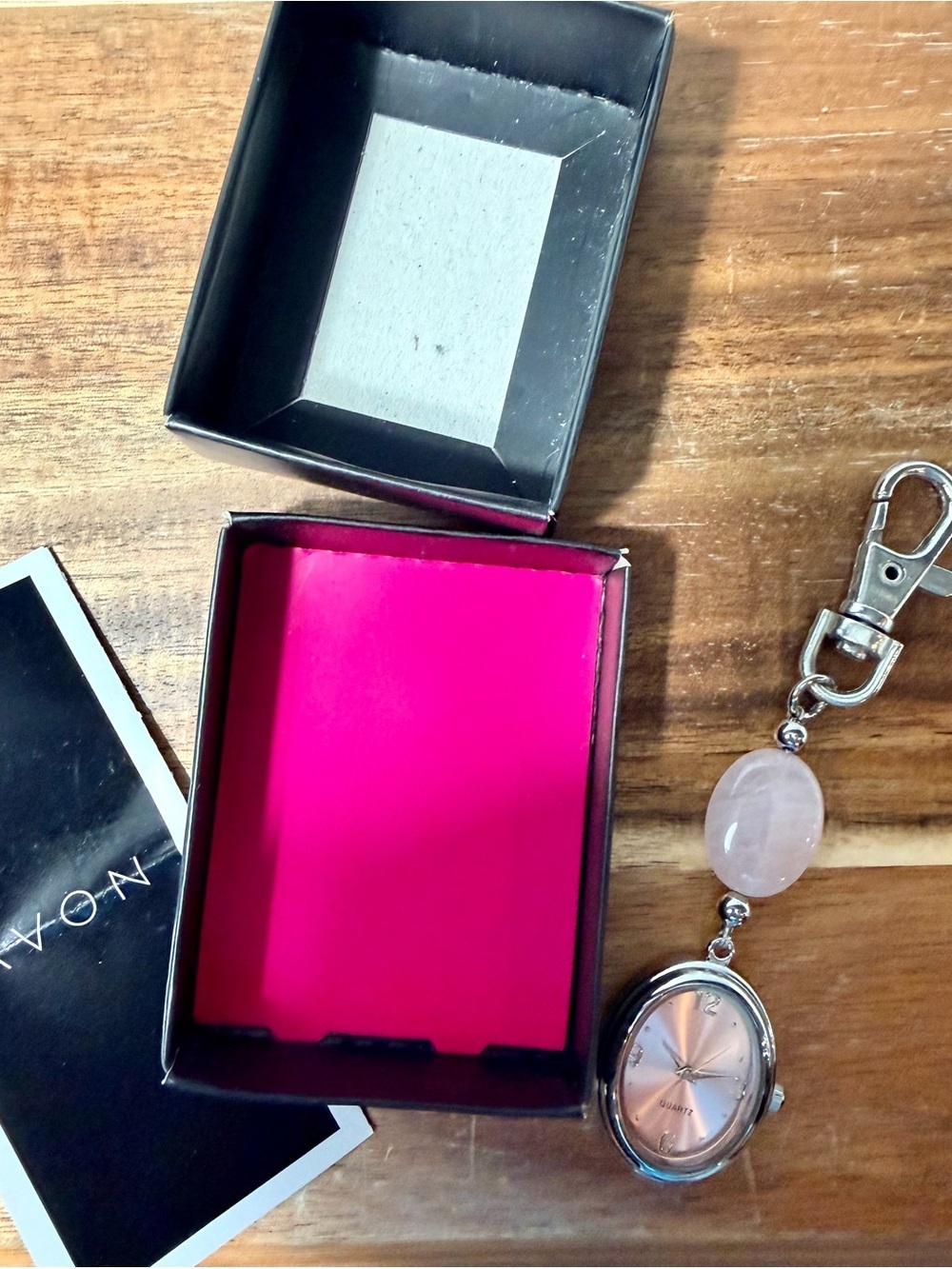 Vintage Avon Pink Dial Keychain Watch with Rose Quartz Accent